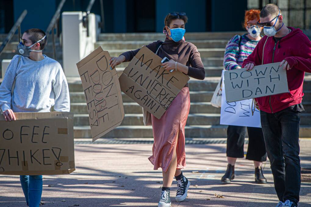 Students protest university fee changes in front of the National Press Club. Picture: Karleen Minney