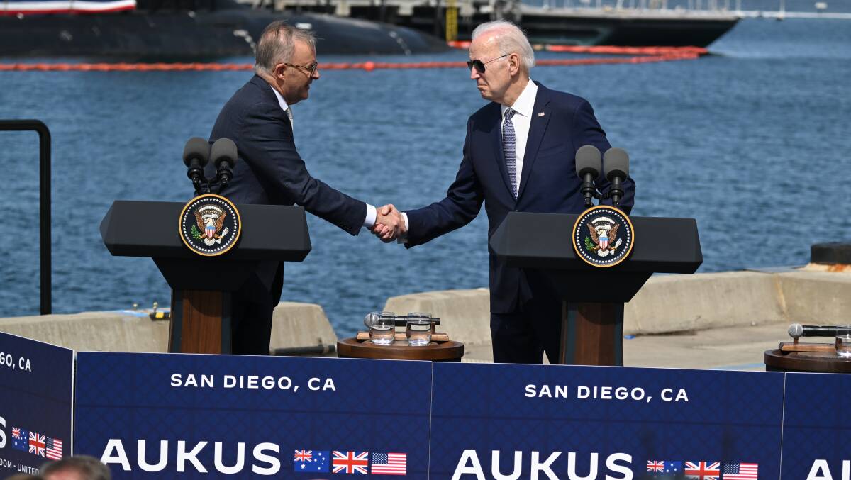 Australian Prime Minister Anthony Albanese and US President Joe Biden at an AUKUS announcement in San Diego. Picture Getty Images