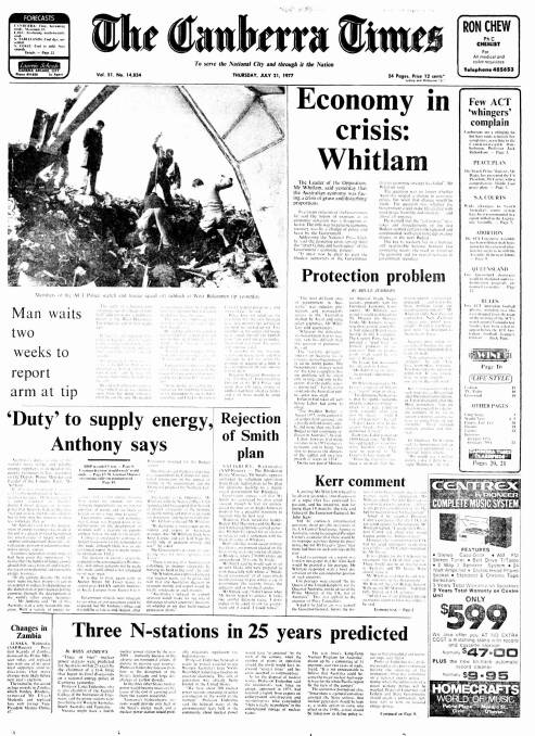 The front page of The Canberra Times on July 21, 1977.