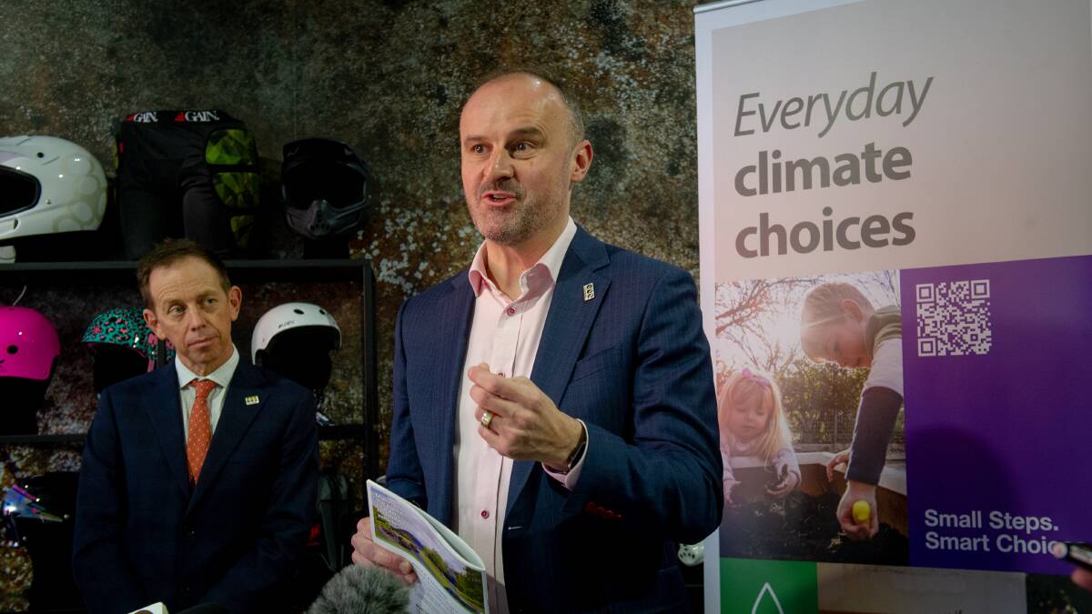 ACT Chief Minister Andrew Barr (right) and Climate Change Minister Shane Rattenbury pitching the zero emissions vehicle strategy last week. Picture: Elesa Kurtz