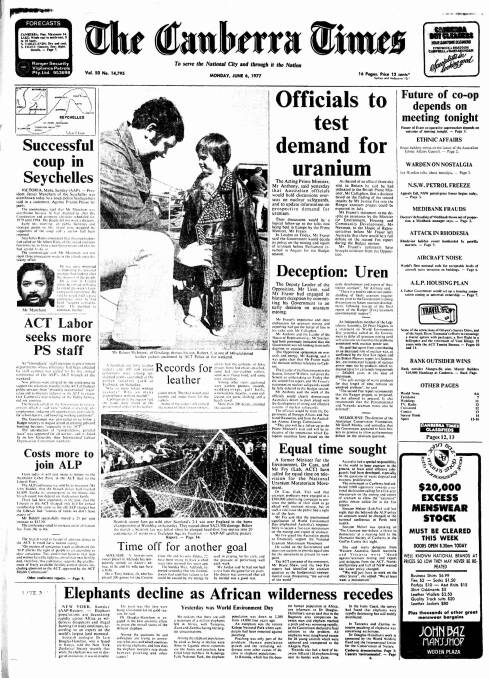 The front page of The Canberra Times on June 6, 1977.