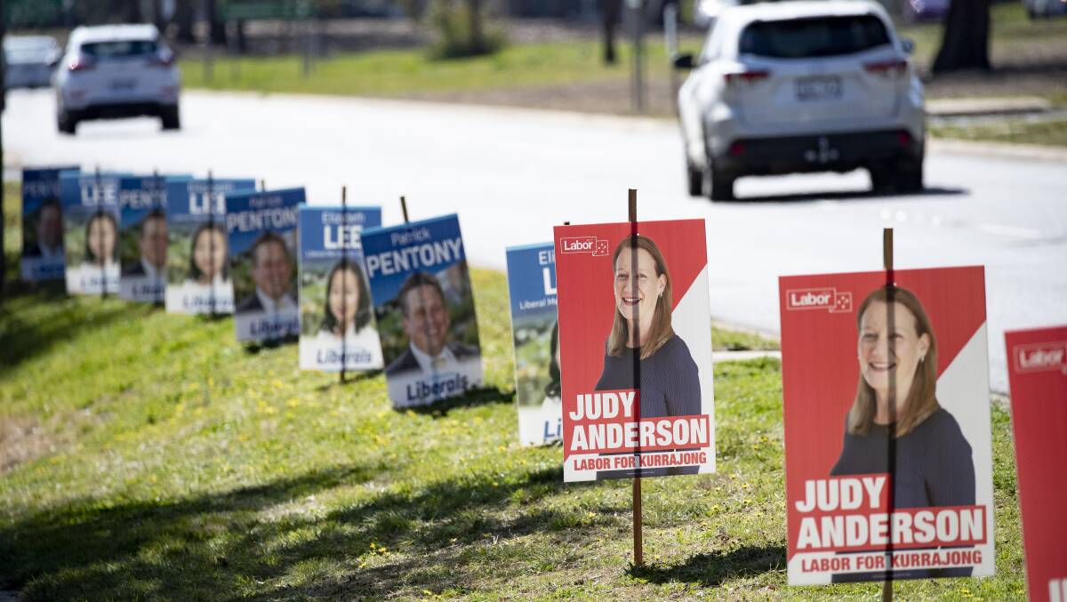 Corflutes on Limestone Avenue during the 2020 ACT election. Picture: Sitthixay Ditthavong