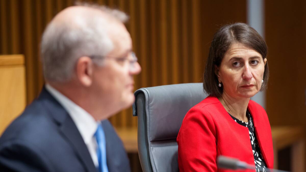 Gladys Berejiklian at national cabinet with former prime minister Scott Morrison in 2020. Picture by Sitthixay Ditthavong