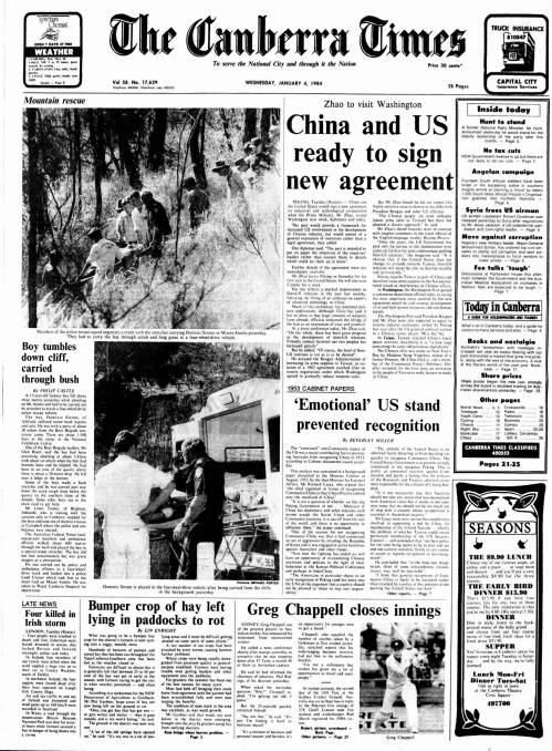 The front page of The Canberra Times on January 4, 1984.