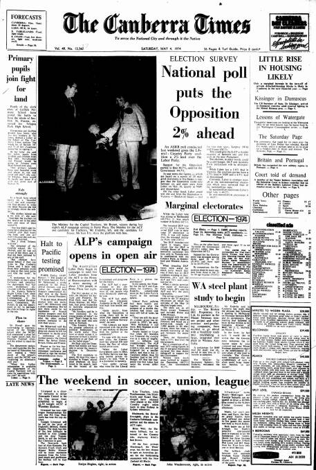 The front page of The Canberra Times on May 4, 1974.