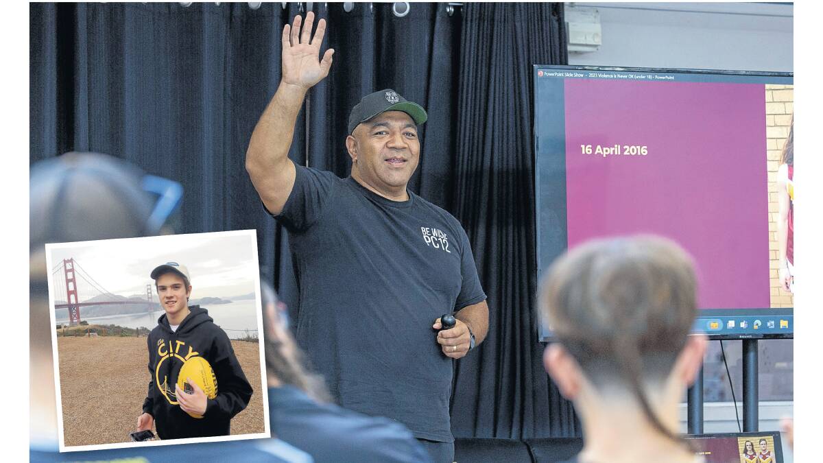 Alan Latu, a Pat Cronin Foundation presenter, spoke with a group of young people in the Canberra PCYC diversion program. Inset, Pat in San Francisco. Pictures supplied