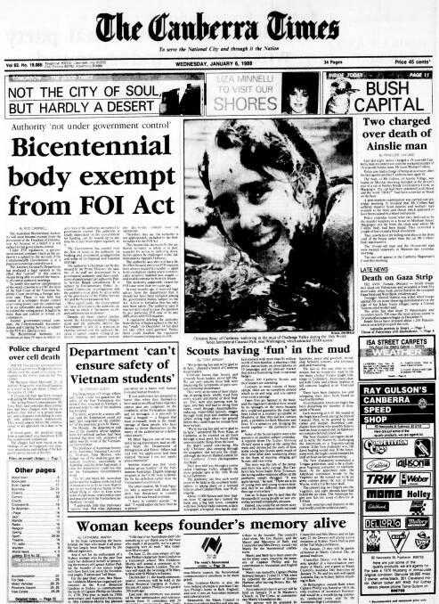 The front page of The Canberra Times on January 6, 1988.