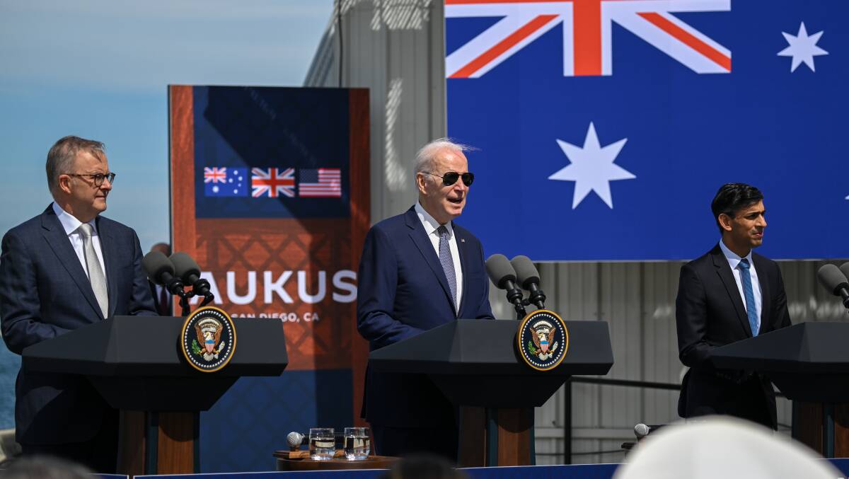 Anthony Albanese, Joe Biden, and Rishi Sunak at the AUKUS announcement last year. Picture Getty Images