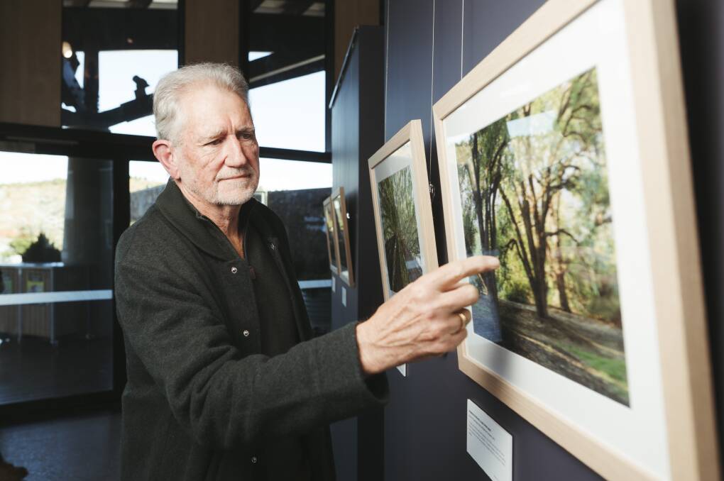 Photographer Graham Gall at a National Arboretum exhibition which has captured images of urban treescapes for Canberra Tree Week. Picture: Dion Georgopoulos