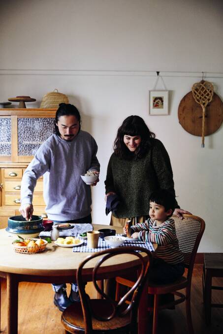 Julia Busuttil Nishimura with her husband Nori and child Haruki. Picture: Armelle Habib