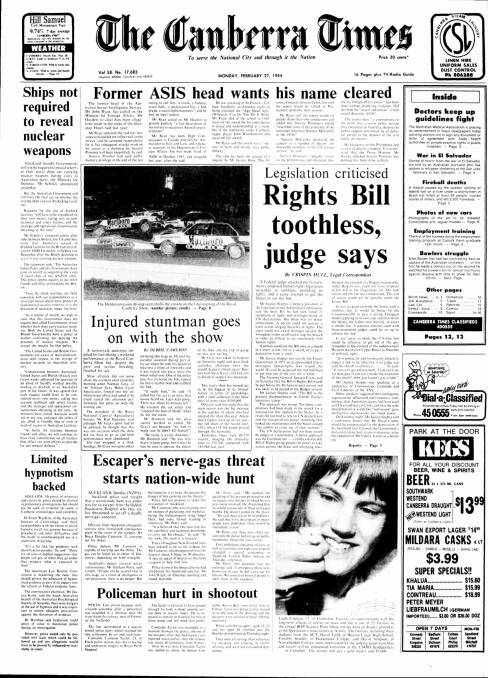 The front page of The Canberra Times on February 27, 1984.