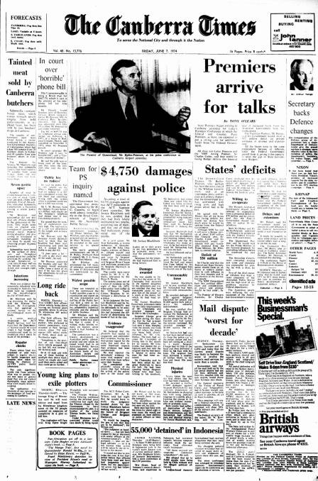 The front page of The Canberra Times on June 7, 1974.