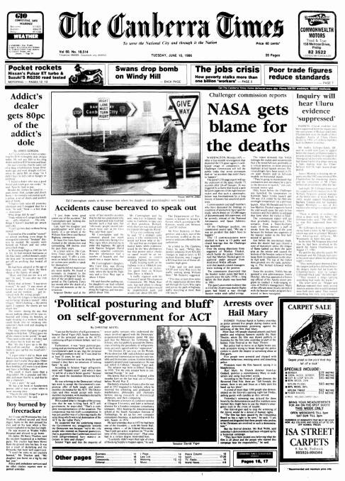 The front page of The Canberra Times on June 10, 1986.