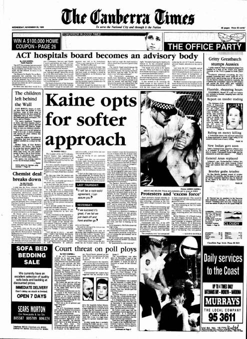 The front page of The Canberra Times on November, 29, 1989.