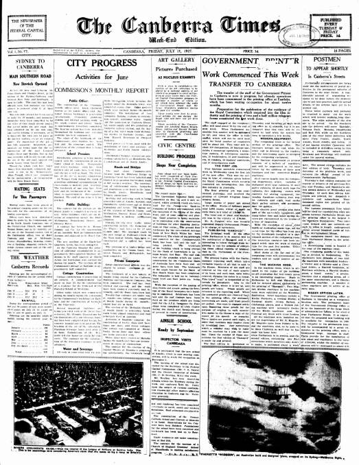 The front page of The Canberra Times on July 15, 1927.