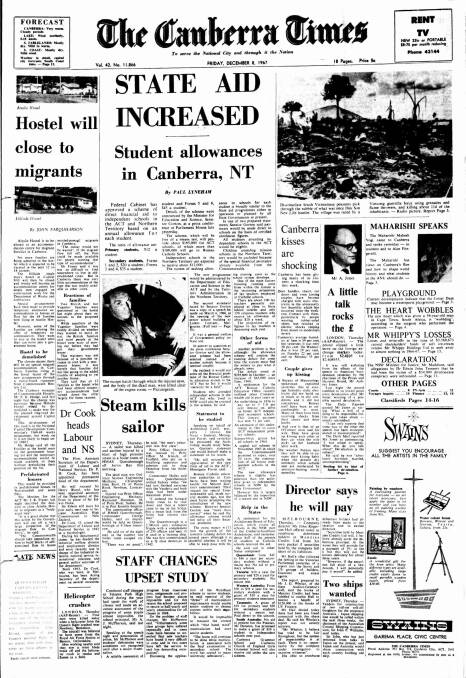 The front page of The Canberra Times on December 8, 1967.