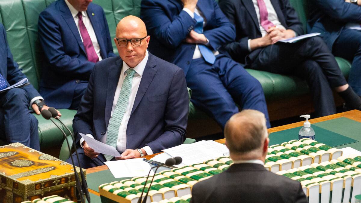 Peter Dutton facing Anthony Albanese in Parliament. Picture by Elesa Kurtz