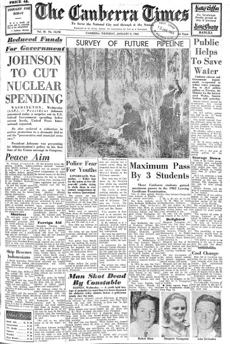 The front page of The Canberra Times on January 9, 1964.