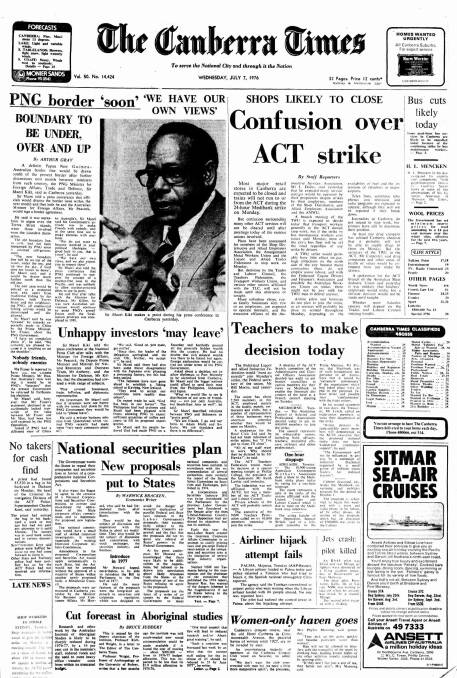 The front page of The Canberra Times on July 7, 1976.