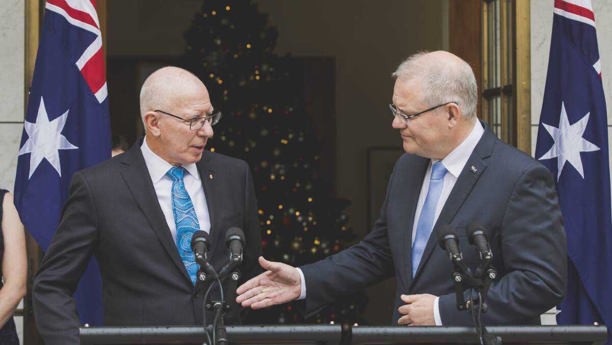 Governor-General David Hurley and former prime minister Scott Morrison. Picture: Jamila Toderas