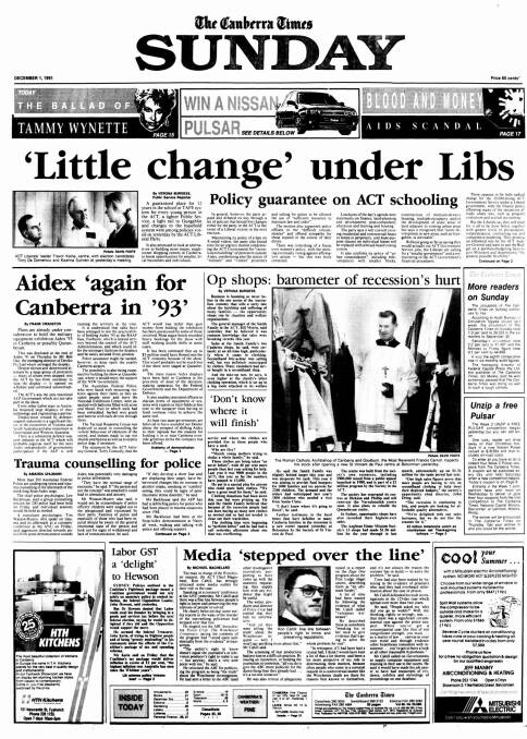 The front page of The Canberra Times on December 1, 1991.