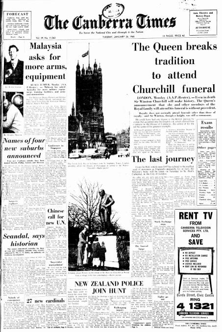 The front page of The Canberra times on January 26,1965.