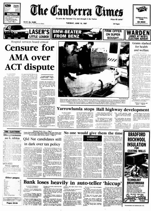 The front page of The Canberra Times on June 16, 1987.