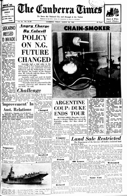The front page of The Canberra Times on March 30, 1962.