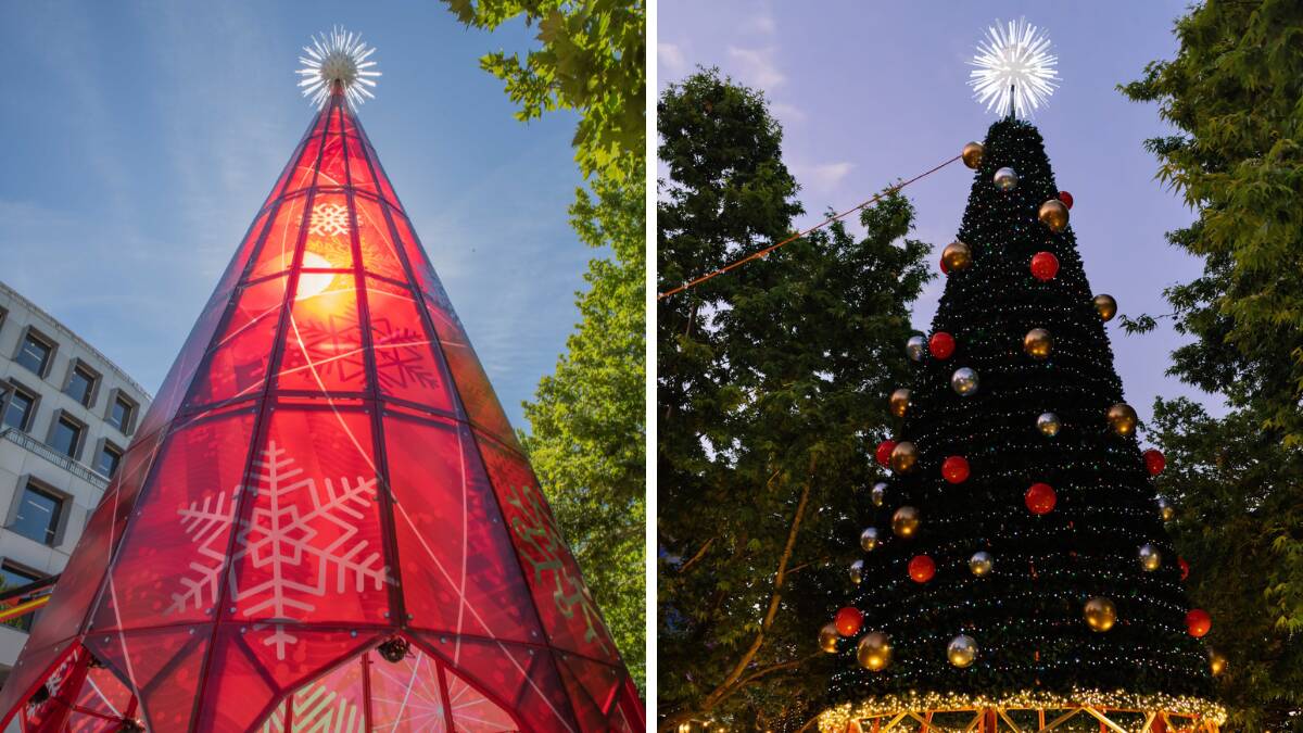 The original "Kaleidoscope" Tree, left, and the new, improved Christmas tree in Civic. Pictures supplied
