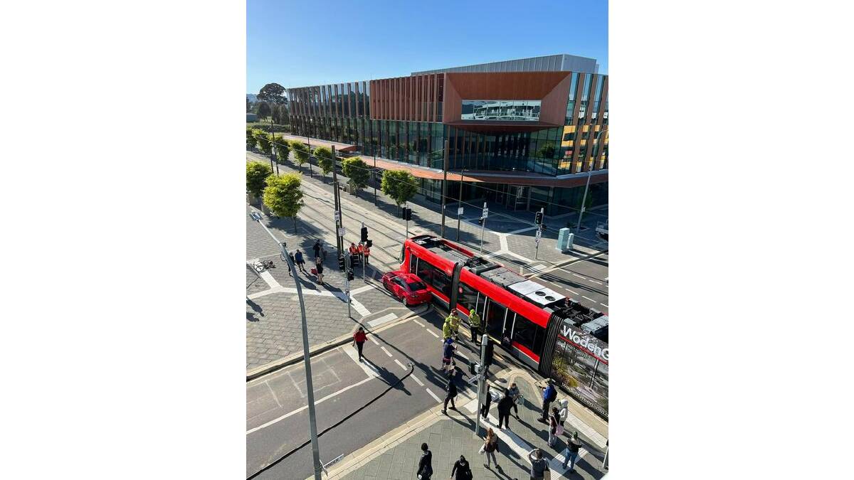 A car and tram collided on the outskirts of the Gungahlin town centre on Saturday. Picture by Nguyen Huong