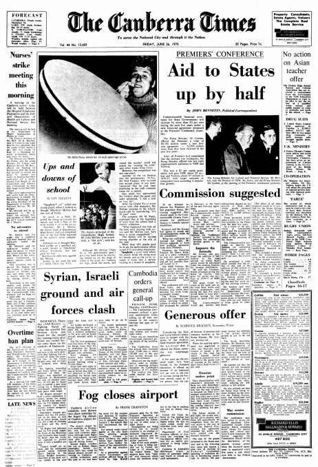 The front page of The Canberra Times on June 26, 1970.