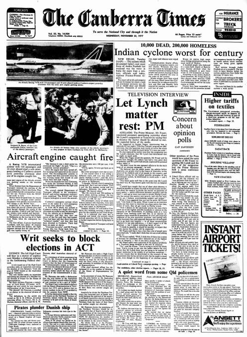 The front page of The Canberra Times on November 23, 1977.
