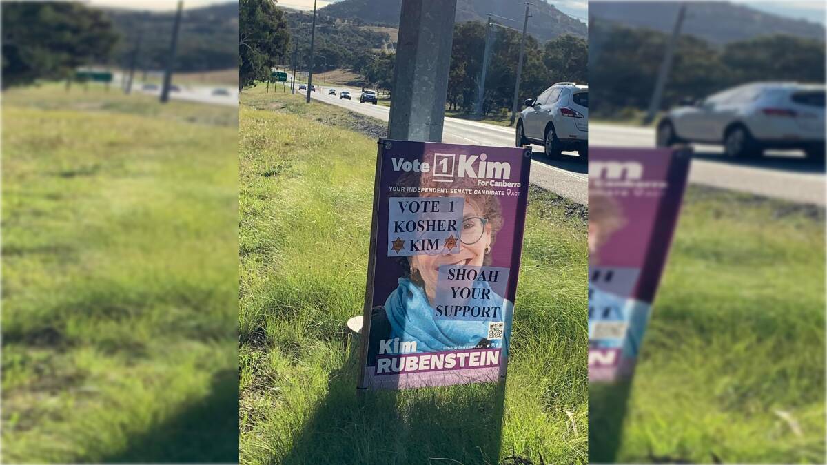 A defaced Kim Rubenstein corflute in Canberra. 
