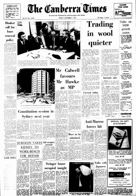 The front page of The Canberra Times on October 6, 1972.