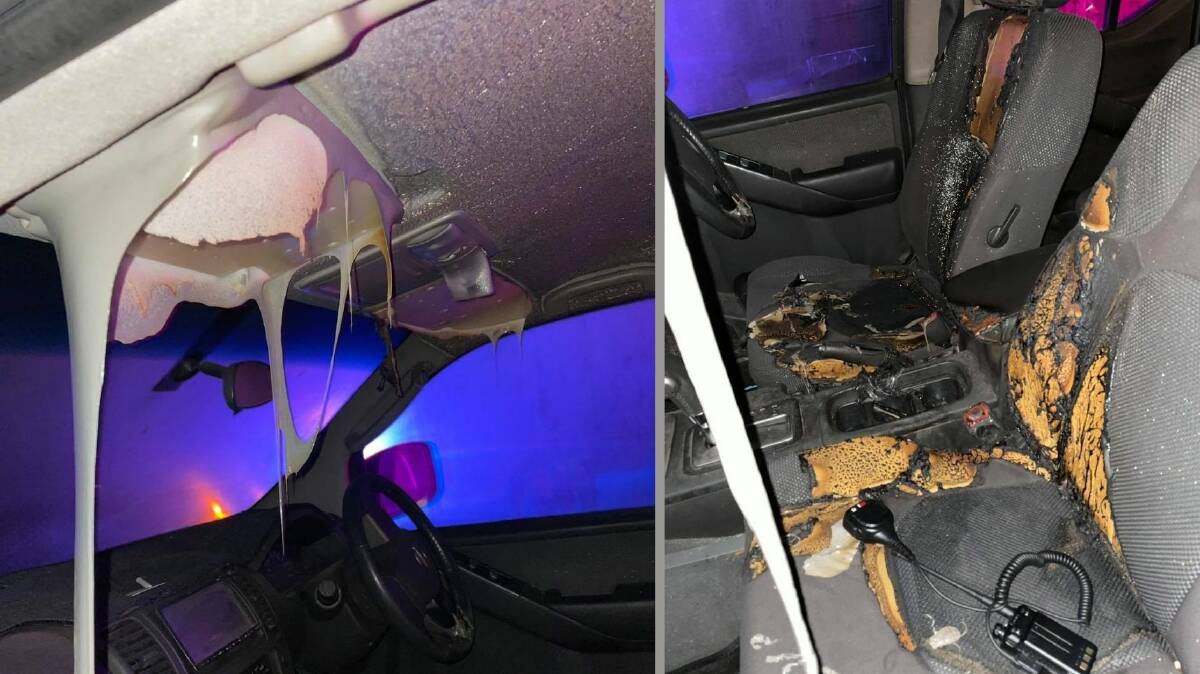 The interior of the car after the driver's iPhone 10 exploded while plugged up to a charger. PHOTOS: CLIFTON GROVE OPHIR BRIGADE