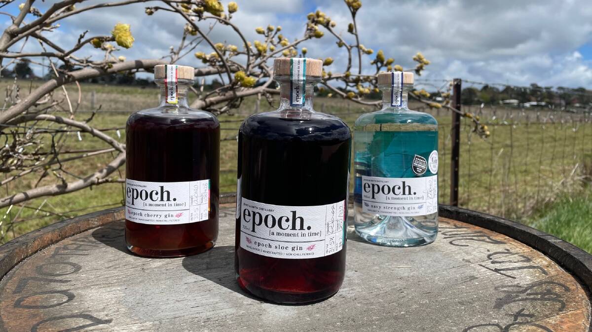 Jones and Smith Distillery's Sloe Gin (centre) which just won overall winner for flavoured gin at the Australian Gin Awards. The Epoch Cherry Gin (left) and the Navy Strength Gin (right) both won silver. PHOTO: ALANA CALVERT