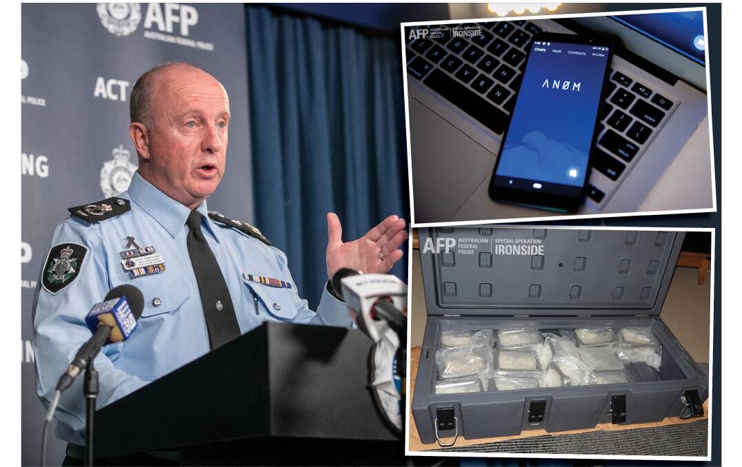 Chief Police Officer Neil Gaughan, (inset, top right) AN0M shown on a phone and (bottom right) drugs uncovered during the operation. Pictures: Keegan Carroll, Supplied