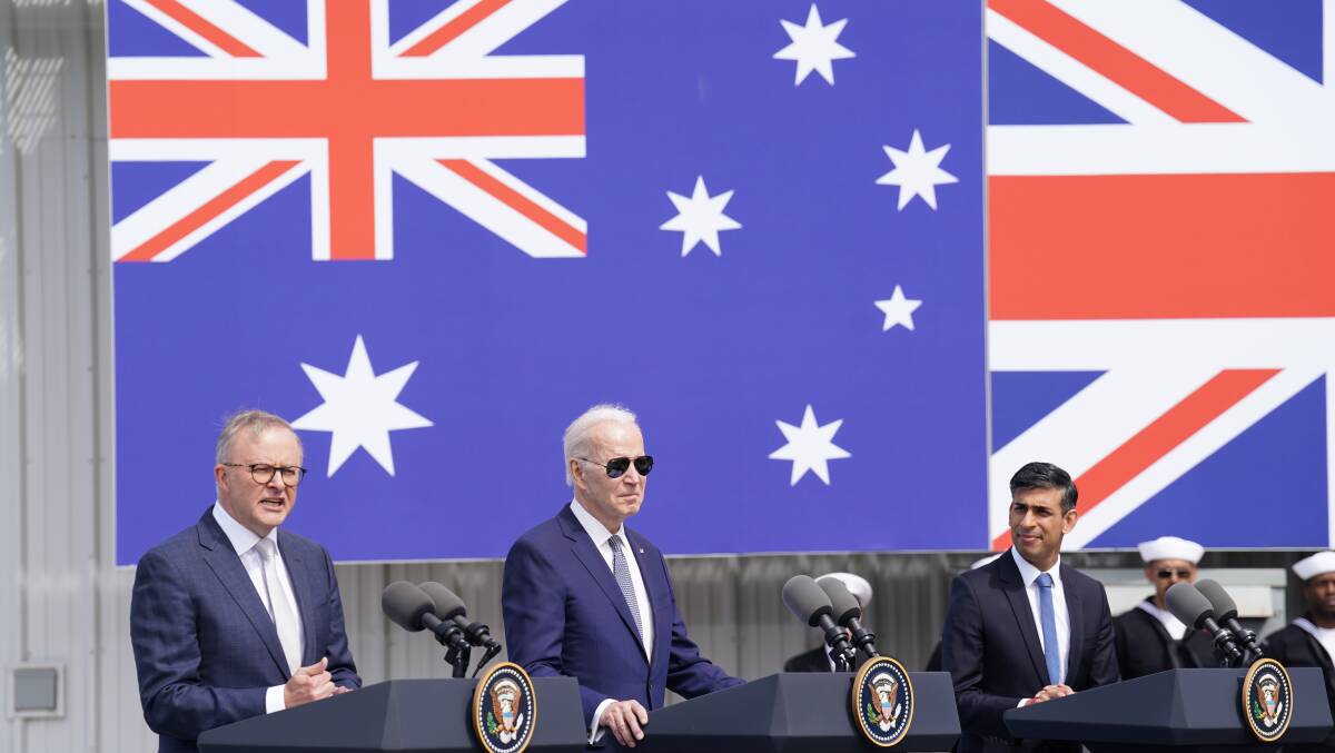 Prime Minister Anthony Albanese with US President Joe Biden and UK Prime Minister Rishi Sunak at Point Loma naval base in San Diego, US, to discuss the AUKUS pact. Picture by Stefan Rousseau/PA Wire