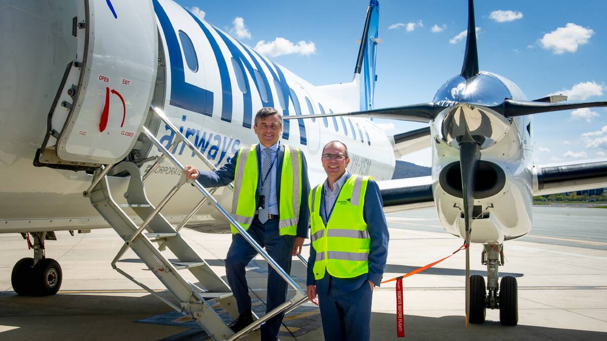 Link Airways airline manager, Jeff Boyd with Canberra Airport's head of aviation Michael Thomson announce new direct flights from Canberra to Hobart. Picture: Elesa Kurtz