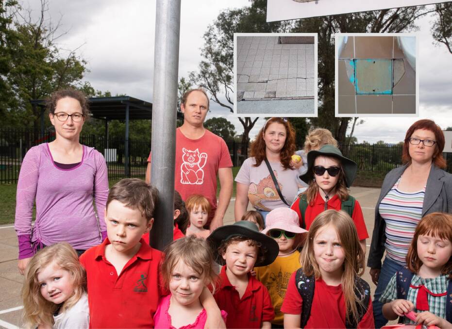 Macquarie Primary School parents Liz Drummond, Chris Hollins, Megan Miller, and Rachel Sanderson, and children at the school's basketball court, and (insets) cracked tiles in the girls' bathroom. Pictures: Sitthixay Ditthavong, supplied