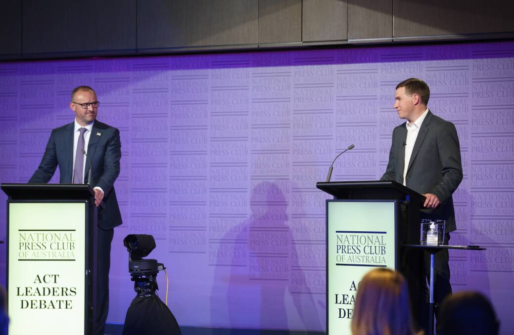 ACT Chief Minister Andrew Barr and Opposition leader Alistair Coe during the ACT Leaders Debate at the National Press Club on Wednesday evening. Picture: Sitthixay Ditthavong