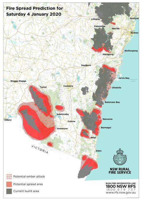 The fire spread prediction map for Saturday January 4, created by the Rural Fire Service on Friday January 3. Picture: Supplied