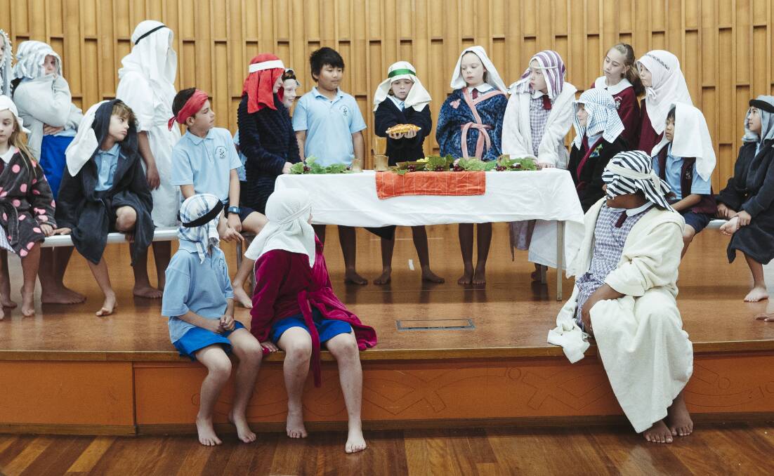 Rosary Primary School students re-enact The Last Supper for Easter on Thursday. Picture: Dion Georgopoulos