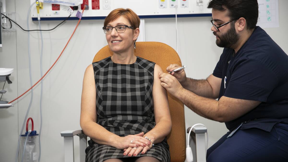 ACT Health Minister Rachel Stephen-Smith getting her vaccine. Picture: Keegan Carroll
