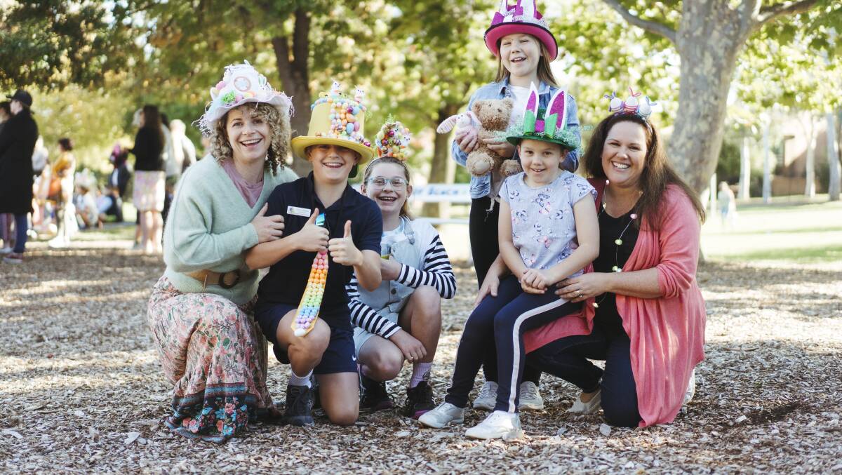 Arawang Primary School Easter Hat Parade, Thursday, 1st of April, 2021. Natasha Puleston, Henry Puleston, Maisie Puleston, Morgan Bolk, Maddison Bolk 8, and Alison Manners. Picture: Dion Georgopoulos