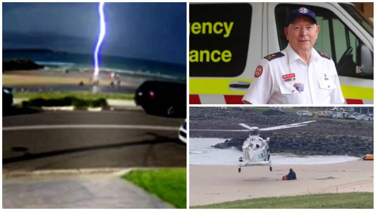 Clockwise from left: The moment the lightning struck at the Warilla beach. Picture by 9News; NSW Ambulance chief inspector Terry Morrow and a Toll rescue helicopter at the scene.