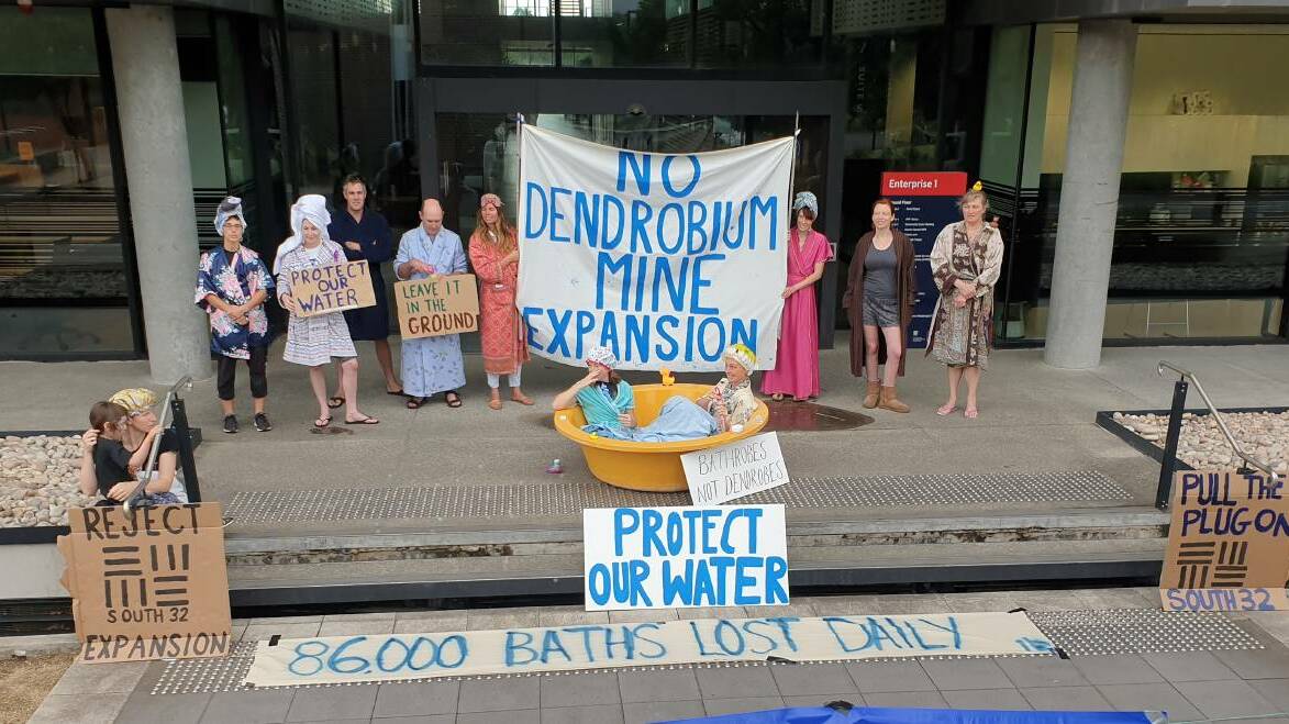 Environmentalists from the Protect Our Water Alliance protest against the loss of water outside South32's office earlier this month.