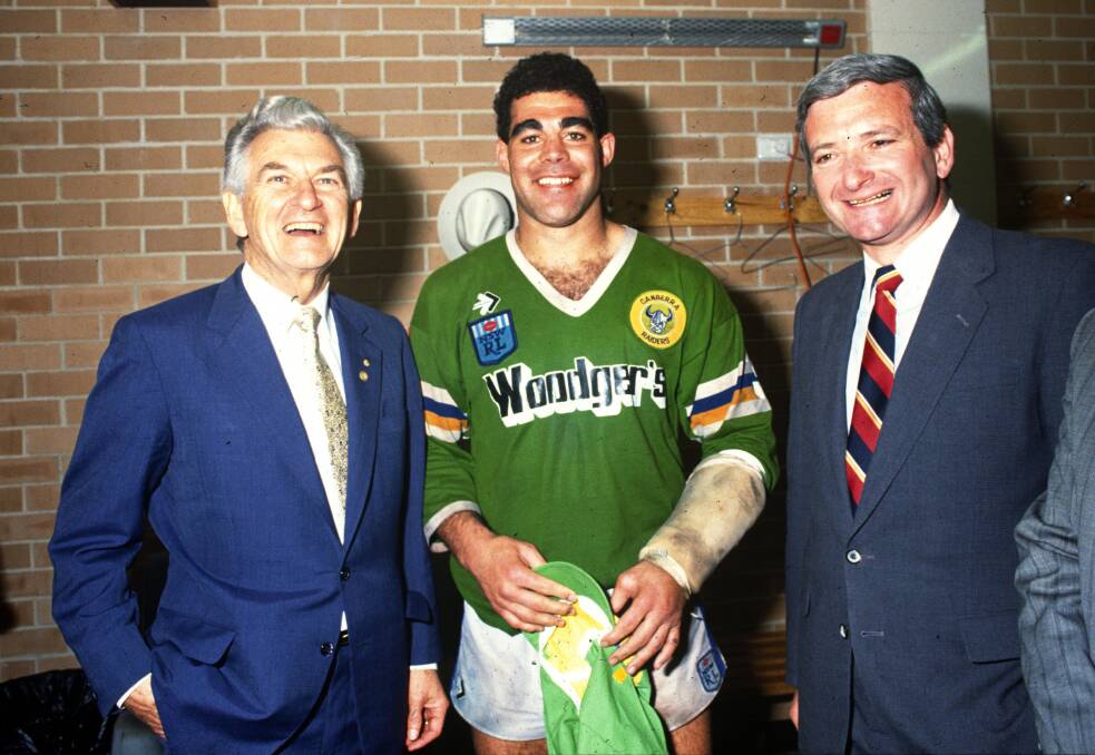 Raiders legend Mal Meninga, centre, could present the winning rings. Picture: NRL Imagery
