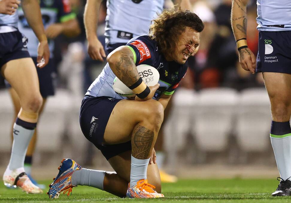 Raiders prop Josh Papalii copped a head clash on his very first hit-up. Picture: Getty Images