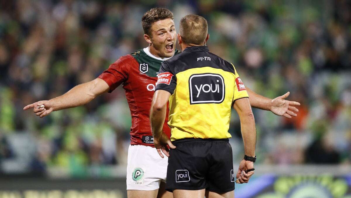 Somehow Rabbitohs captain Sam Burgess convinces the referee not to send him to the sin bin. Picture: NRL Imagery